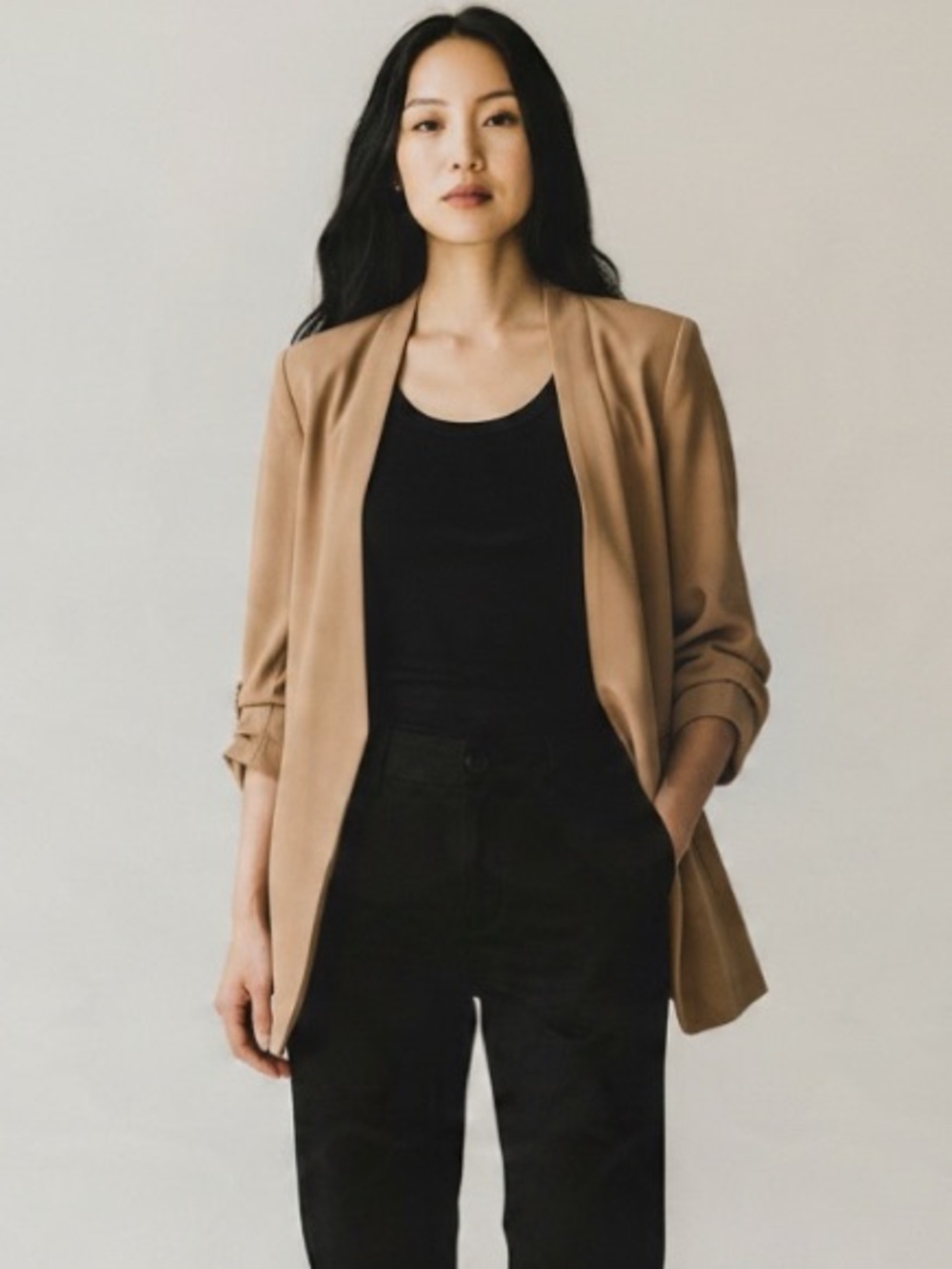 Aritzia Babaton Power Blazer Beige Crepe Open Sz 6 Minimalist Closet Staple